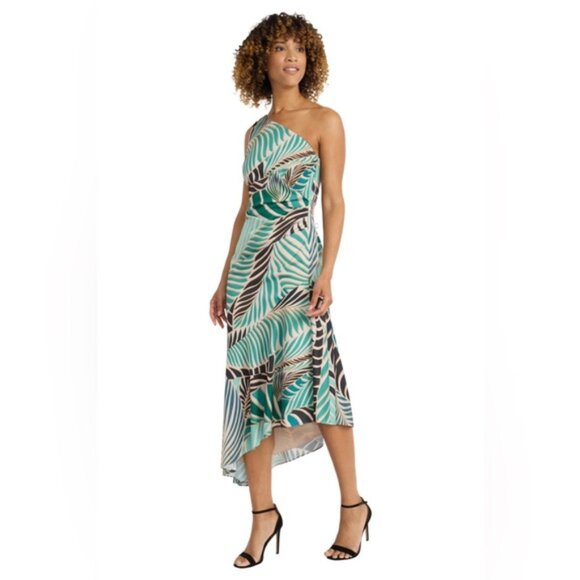 NWT MAGGY LONDON DEIDRE Asymm Floral One Shoulder Ruffle Hem Silky Dress Size 8